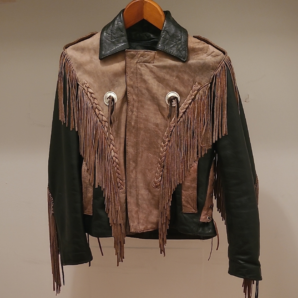 Vintage Unisex Black and Brown Fringed Leather Motorcycle Jacket
